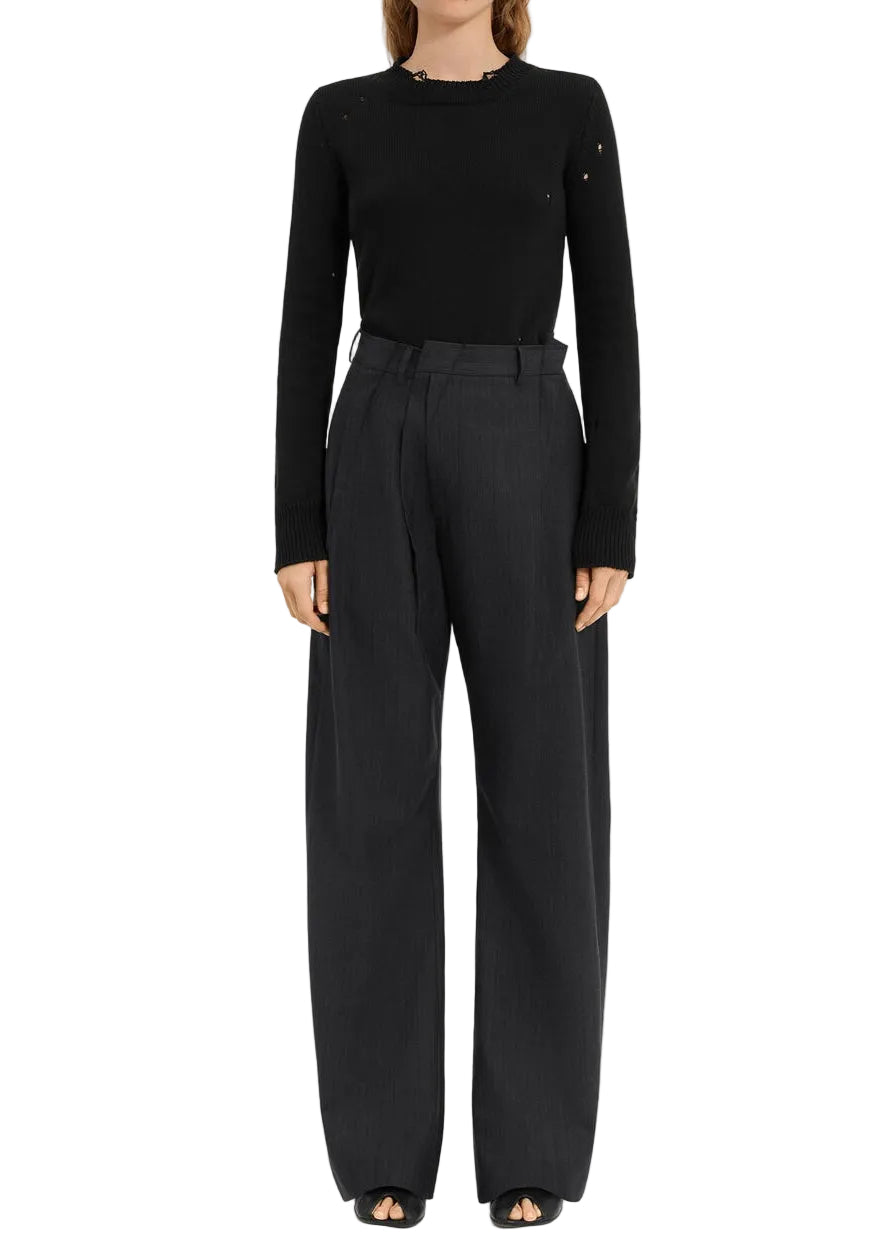 PINSTRIPE TROUSERS WITH ASYMMETRIC WAISTBAND
