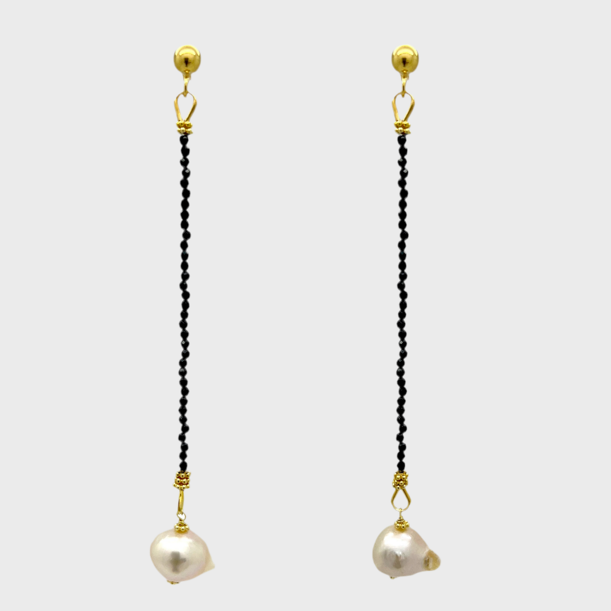 BLACK ONYX LONG BAROQUE PEARL DROP EARRINGS