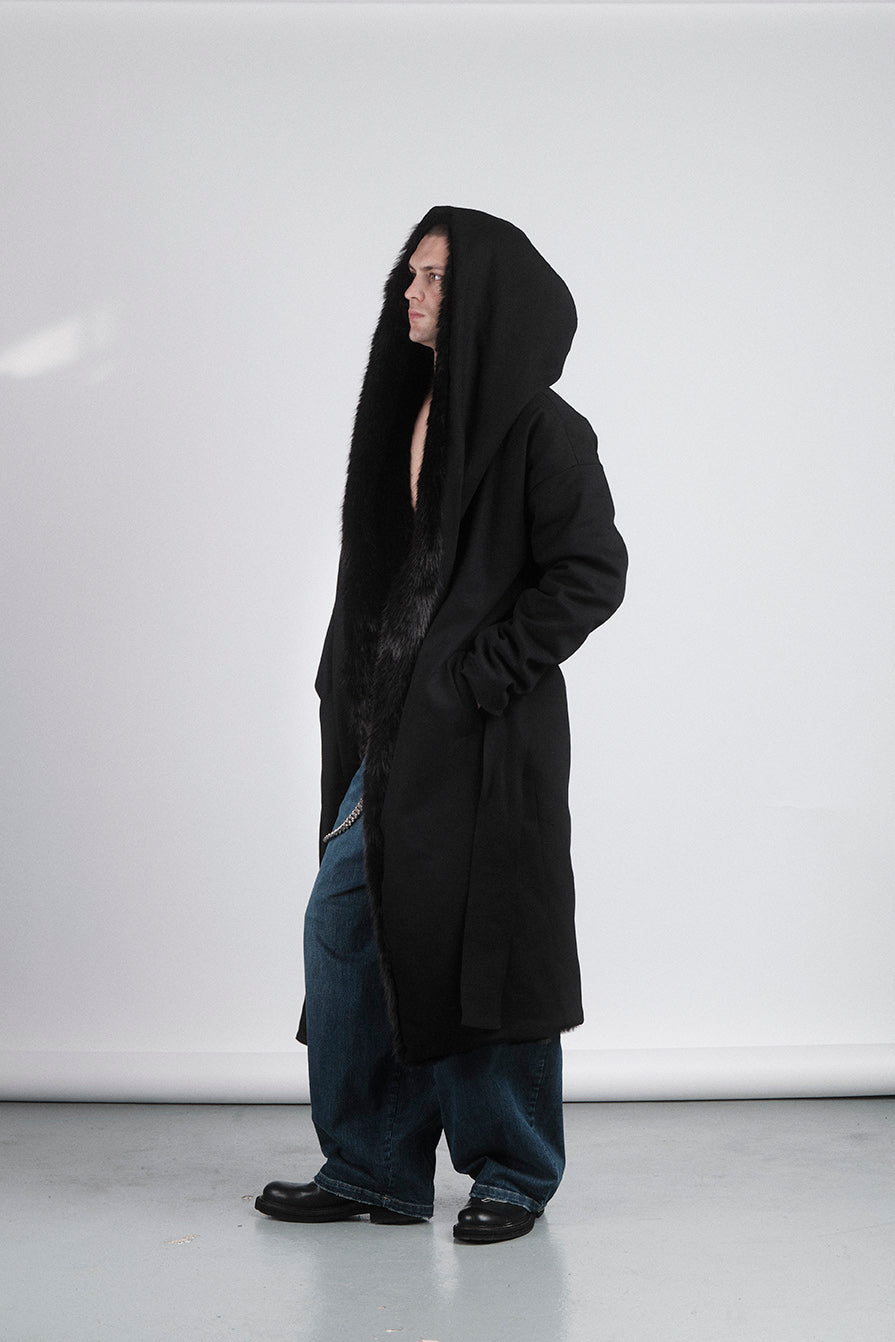 COAT JEANS REVERSIBEL FAKE FUR BLACK LONG