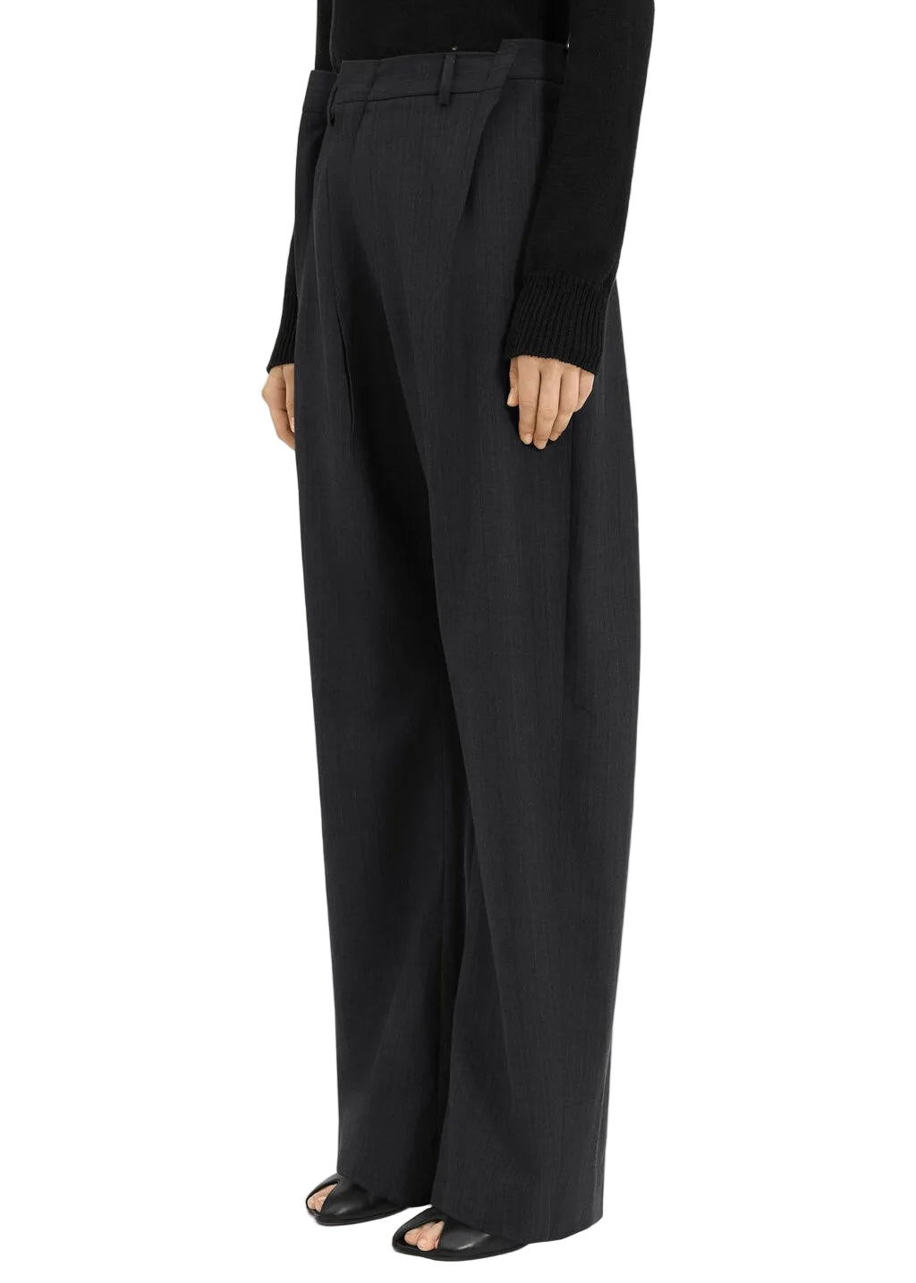 PINSTRIPE TROUSERS WITH ASYMMETRIC WAISTBAND