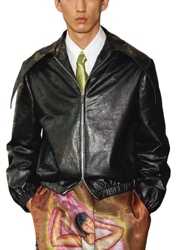 BLACK POINT COLLAR LEATHER JACKET