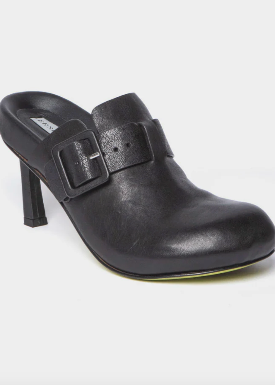 ERNESTO DOLANI LEATHER MULE WITH HEEL AND SIDE BUCKLE